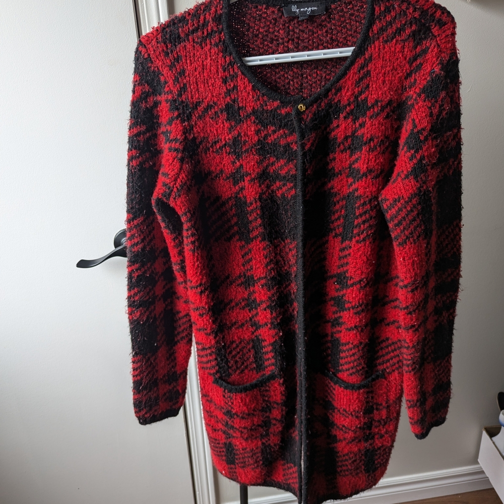 Lily Morgan Red and Black Plaid Cardigan